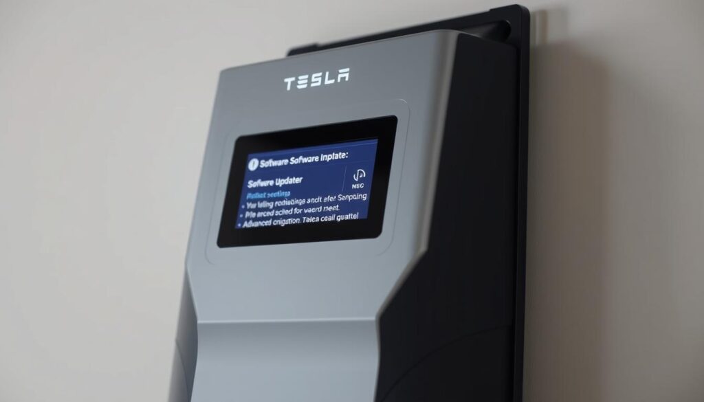 A close-up view of a sleek, modern Tesla solar inverter, its display screen illuminated with software update notifications. The device is set against a clean, minimalist background, with soft, directional lighting highlighting its metallic casing and smooth lines. The inverter's user interface is clearly visible, showcasing intuitive settings and options for advanced configuration. The overall atmosphere is one of technological sophistication and attention to detail, reflecting the precision engineering of Tesla's renewable energy solutions.