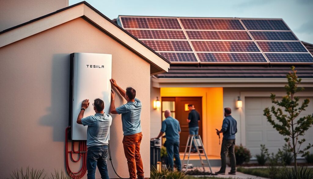 A detailed installation process of a Tesla Powerwall home energy storage system. In the foreground, a crew of technicians carefully mounting the sleek, white Powerwall unit onto the exterior wall of a modern, well-lit home. In the middle ground, the technicians are making electrical connections and running conduits, with various tools and equipment visible. In the background, a neatly installed solar panel array adorns the roof, casting a warm, renewable glow. The scene is bathed in soft, natural lighting, conveying a sense of precision, efficiency, and the integration of cutting-edge clean energy technology into the domestic landscape.