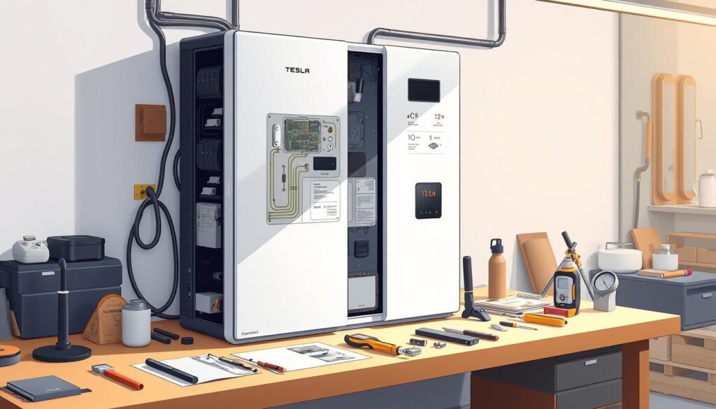 A meticulously detailed technical illustration of a Tesla Powerwall unit, showcasing its inner workings and diagnostic elements. The Powerwall is placed on a clean, well-lit workbench, with various tools and instruments arranged neatly around it. The scene is bathed in a warm, gentle light, creating a sense of focus and precision. The Powerwall's panels are partially disassembled, revealing its intricate circuitry and components, allowing for a clear understanding of the device's troubleshooting mechanisms. The perspective is slightly elevated, providing an optimal view of the Powerwall's layout and design. The overall atmosphere conveys a professional, problem-solving mindset, suitable for a technical article on home energy solutions.