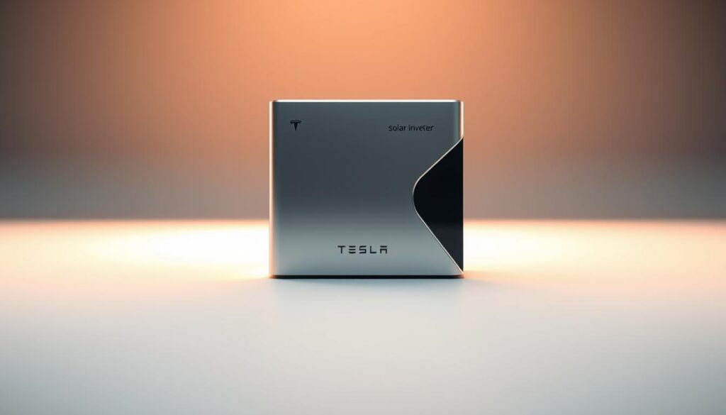 A sleek and modern Tesla Solar Inverter, elegantly placed against a minimalist backdrop. The device, with its clean lines and futuristic design, takes center stage, bathed in warm, directional lighting that accentuates its metallic surfaces and intricate circuitry. The middle ground features a subtle gradient, transitioning from a crisp, white foreground to a softly blurred, charcoal-colored background, creating a sense of depth and focus. The overall composition conveys a sense of technological sophistication and visual harmony, reflecting the advanced capabilities of the Tesla Solar Inverter.