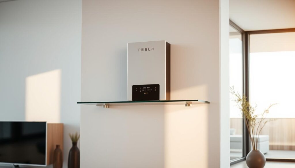 A sleek, modern Tesla solar inverter seamlessly integrated into a minimalist home interior. The inverter is prominently displayed on a floating glass shelf, its futuristic design and glowing LED indicators casting a warm, ambient glow throughout the room. Sunlight streams in through large windows, illuminating the clean lines and polished surfaces of the inverter and the surrounding decor. The room is sparsely furnished with high-end, sustainable materials, creating a sense of calm and efficiency that reflects the inverter's advanced technology. The overall atmosphere evokes a balance of innovation, sustainability, and sophisticated style.