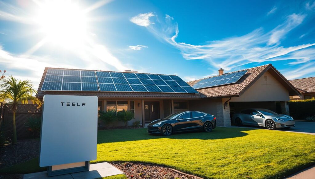 A sun-drenched residential rooftop, adorned with sleek Tesla solar panels, casts a warm glow across a well-manicured lawn. In the foreground, a Tesla Powerwall battery pack stands as a silent sentinel, its clean lines and minimalist design symbolizing the future of home energy. The sky above is a brilliant blue, with wispy clouds drifting lazily. In the distance, a Tesla electric vehicle is parked, its reflection shimmering in the driveway, a testament to the seamless integration of renewable energy and sustainable transportation. The overall scene conveys a sense of self-reliance, technological innovation, and a harmonious balance between human habitation and the natural world.